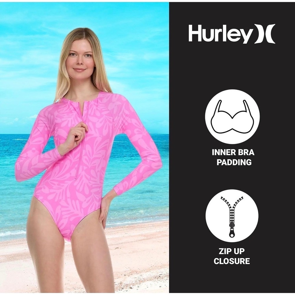 NWT Hurley Pink Tropical Print Long Sleeve 1Pc Swimsuit UPF50+ Zip Front Pink LG - Picture 5 of 7